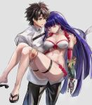  1boy 1girl abs absurdres bikini black_pants blue_eyes breasts brown_hair carrying chaldea_uniform choker closed_eyes command_spell covered_nipples cross cross_choker fate/grand_order fate_(series) fujimaru_ritsuka_(male) gauntlets grey_background highres large_breasts long_hair martha_(fate) martha_(swimsuit_ruler)_(fate) pants princess_carry purple_hair sakazuki_sudama swimsuit thigh_strap very_long_hair white_bikini white_choker 