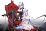  2girls azur_lane bangs bare_shoulders between_legs black_leotard blue_eyes blue_ribbon blush breasts bridal_gauntlets brown_legwear cleavage detached_collar earrings emden_(azur_lane) feet flower flower_over_eye frills full_body grey_hair hair_between_eyes hair_ornament hand_between_legs highres jewelry large_breasts leotard light_particles liu_liaoliao long_hair looking_at_viewer manjuu_(azur_lane) multiple_girls nail_polish neck_ribbon no_shoes on_chair parted_lips red_eyes red_flower red_nails ribbon sitting strapless strapless_leotard thighhighs torn_clothes torn_legwear v_arms very_long_hair wariza white_flower white_legwear white_leotard wrist_cuffs 