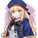  1girl artoria_caster_(fate) artoria_caster_(second_ascension)_(fate) artoria_pendragon_(fate) beret black_bow blonde_hair bow closed_mouth eiki_(eikityou_55) fate/grand_order fate_(series) green_eyes hat highres long_hair multiple_tails raincoat red_stone shirt simple_background smile tail tonelico_(fate) two_tails white_shirt 