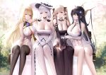  1girl 4girls absurdres an_yasuri azur_lane bangs banned_artist bare_shoulders black_dress black_eyes black_hair black_legwear blonde_hair blue_eyes breasts brown_eyes cleavage dress elbow_gloves feet_out_of_frame formidable_(azur_lane) gloves grey_hair hair_ornament hair_ribbon highres illustrious_(azur_lane) indomitable_(azur_lane) large_breasts long_hair looking_at_viewer multiple_girls one_eye_closed pantyhose parted_lips red_eyes ribbon sitting smile thighhighs thighs victorious_(azur_lane) white_gloves white_hair white_legwear yellow_eyes 