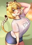  1girl absurdres animal_ears blush breasts commentary gym_shirt gym_shorts gym_uniform highres huge_breasts jaguar_(kemono_friends) jaguar_ears jaguar_print jaguar_tail john_(a2556349) kemono_friends kemono_friends_3 large_breasts looking_at_viewer open_mouth shirt shorts smile solo tail translated 