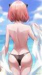  1girl ahoge anya_(spy_x_family) ass back bare_back bikini bikini_bottom_only blue_sky blurry blurry_background breasts chinese_commentary cloud commentary_request cowboy_shot day from_behind hair_ornament highres medium_breasts mumu_mago ocean older pink_hair sky solo spy_x_family standing swimsuit thighs topless water 