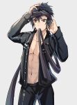  1boy absurdres annabell_(durch9sicht5) ayashimon black_hair black_headband black_pants brown_eyes headband highres jacket kotton_(ayashimon) leather leather_jacket long_sleeves male_focus mouth_hold navel pants short_hair simple_background white_background 