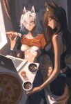  2girls absurdres animal_ears arknights bad_arm bangs black_hair blue_eyes bra bracelet breasts camisole chinese_commentary cigarette commentary_request computer eyepatch food haagen-dazs_vidar_jira highres holding holding_food indoors jewelry lappland_(arknights) laptop long_hair looking_at_viewer medical_eyepatch medium_breasts midriff multiple_girls navel orange_shirt parted_lips pizza pizza_slice scar scar_across_eye shirt short_sleeves sitting stomach texas_(arknights) underwear white_bra white_hair wolf_ears yellow_eyes 
