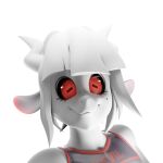  404four anthro bovid caprine clothed clothing female goat goat_lucifer_(helltaker) hair helltaker hi_res looking_at_viewer mammal profile red_eyes simple_background smile solo topwear video_games white_background white_body 