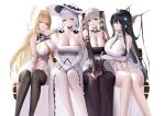  4girls absurdres an_yasuri azur_lane bangs banned_artist bare_shoulders black_dress black_eyes black_hair black_legwear blonde_hair blue_eyes breasts brown_eyes cleavage dress elbow_gloves feet_out_of_frame formidable_(azur_lane) gloves grey_hair hair_ornament hair_ribbon highres huge_breasts illustrious_(azur_lane) indomitable_(azur_lane) large_breasts long_hair looking_at_viewer multiple_girls one_eye_closed pantyhose parted_lips red_eyes ribbon simple_background sitting smile thighhighs thighs victorious_(azur_lane) white_background white_gloves white_hair white_legwear yellow_eyes 