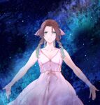 1girl aerith_gainsborough bangs bare_arms breasts brown_hair chiru_(sanifani) curly_hair dress final_fantasy final_fantasy_vii final_fantasy_vii_remake green_eyes hair_ribbon jacket jacket_removed long_dress medium_breasts milky_way outstretched_arms parted_bangs parted_lips pink_dress ponytail ribbon sidelocks sky solo star_(sky) starry_sky upper_body 