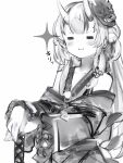  1girl :i =_= bell blush flat_chest greyscale hair_bell hair_ornament hands_on_hilt highres hololive horns japanese_clothes jingle_bell kimono long_hair long_sleeves mask mask_on_head monochrome nakiri_ayame nanashi_(nlo) oni oni_horns oni_mask simple_background solo upper_body virtual_youtuber white_background 
