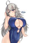  ahoge bangs blue_eyes blue_swimsuit blush breasts cleavage cleavage_cutout clothing_cutout competition_swimsuit dated eyebrows_visible_through_hair grey_hair head_tilt highres huge_breasts kantai_collection long_hair looking_at_viewer montemasa navel navel_cutout one-piece_swimsuit open_mouth swimsuit twitter_username upper_body washington_(kancolle) wet wet_clothes wet_swimsuit white_background 