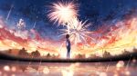  1girl absurdres black_hair blurry blurry_foreground camisole cloud commentary_request facing_away fireworks furi0831 grass highres holding lens_flare orange_sky original power_lines reflection reflective_water scenery short_hair sky solo standing star_(sky) starry_sky sunset tree wide_shot 