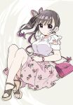  1girl bag bangs bare_shoulders black_hair blunt_bangs breasts butterfly_hair_ornament butterfly_ornament casual colored_tips contemporary floating floating_hair floral_print frills full_body gradient gradient_background grey_hair hair_ornament handbag hands_on_own_stomach high_heels kimetsu_no_yaiba knees_up long_hair looking_at_viewer miniskirt multicolored_hair off_shoulder pink_skirt print_skirt purple_eyes purple_hair shirt short_sleeves side_ponytail sidelocks skirt solo streaked_hair tsuyuri_kanao tuduri watch white_shirt wristwatch 