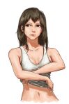  1girl bangs bare_shoulders breasts brown_eyes brown_hair collarbone english_commentary highres lips long_hair midriff navel nose original ribbed_tank_top simple_background small_breasts solo tank_top tudou_jun undressing upper_body white_background white_tank_top 