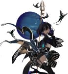  1girl ass black_gloves black_hair boots bug butterfly colored_inner_hair gloves hand_up high_heel_boots high_heels highres long_sleeves looking_at_viewer looking_back multicolored_hair narue neptune_(planet) original polearm red_eyes solo thigh_boots trident weapon 