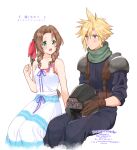  1boy 1girl aerith_gainsborough aged_down armor bad_id bad_twitter_id bare_arms blonde_hair blue_eyes blush bow braid braided_ponytail brown_hair cloud_strife crisis_core_final_fantasy_vii dress final_fantasy final_fantasy_vii gloves green_eyes hair_between_eyes hair_bow hand_up helmet helmet_in_lap highres krudears open_mouth parted_bangs shoulder_armor sidelocks sitting sleeves_rolled_up spiked_hair suspenders unworn_headwear unworn_helmet upper_body wavy_hair white_background white_dress 