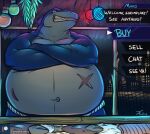  anthro belly big_belly crossed_arms dialogue eye_scar facial_scar fish gameplay_mechanics male marine muscular muscular_male navel overweight overweight_male scar shark sharp_teeth smile solo strongfat tanio teeth text user_interface 