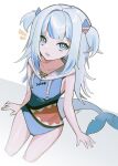  1girl absurdres blue_eyes blue_hair blue_swimsuit collarbone fish_tail gawr_gura grey_hair grey_pupils highres hololive hololive_english light_blue_hair long_hair open_mouth shark_tail sharp_teeth signature sitting solo stitches swimsuit syu45 tail teeth twintails virtual_youtuber 