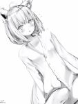  1girl ahoge animal_ears blush braid breasts dated dutch_angle flying_sweatdrops fox_ears greyscale highres hololive long_hair long_sleeves looking_at_viewer monochrome naked_shirt nanashi_(nlo) parted_lips shirakami_fubuki shirt simple_background small_breasts solo very_long_hair white_background 