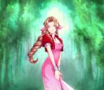  1girl aerith_gainsborough bangs bracelet braid braided_ponytail breasts brown_hair chiru_(sanifani) choker cleavage cropped_jacket curly_hair dress final_fantasy final_fantasy_vii forest green_eyes hair_ribbon jacket jewelry long_dress medium_breasts nature own_hands_together parted_bangs pink_dress red_jacket ribbon sidelocks solo tree upper_body 