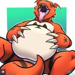  anthro bandai_namco belly big_belly bodily_fluids claws digimon digimon_(species) drooling guilmon hand_on_stomach hi_res imminent_vore lying male on_back open_mouth red_body red_skin saliva solo tanio tongue uvula 