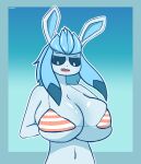  absurd_res anthro big_breasts bikini blush bodily_fluids breast_squish breasts clothing eeveelution female glaceon hi_res huge_breasts nintendo pattern_clothing pok&eacute;mon pok&eacute;mon_(species) side_boob solo squish striped_clothing stripes sweat swimwear tight_clothing under_boob video_games xamore 
