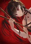  1girl bare_shoulders black_dress black_hair breasts dagger dress earrings gold_earrings gold_headband hair_ornament highres holding holding_weapon iino_(isnyong) jewelry knife large_breasts long_hair parted_lips petals red_background red_eyes solo spy_x_family stiletto_(weapon) upper_body weapon yor_briar 