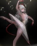  1girl alternate_costume alternate_hair_length alternate_hairstyle antenna_hair arknights arm_up armpits ass ballerina ballet black_background closed_mouth dancing demon_girl demon_horns demon_tail detached_collar detached_sleeves gradient gradient_background grey_eyes grey_hair grey_legwear highres horns koio leg_up leotard light_particles long_hair looking_down multicolored_hair pantyhose red_hair short_sleeves solo strapless strapless_leotard symbol-only_commentary tail tutu two-tone_hair w_(arknights) white_leotard 