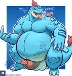  anthro balls belly big_belly blue_body blue_skin erection feraligatr genitals male male_pred muscular muscular_male nintendo pecs penis pok&eacute;mon pok&eacute;mon_(species) red_eyes scalie tanio tongue tongue_out video_games vore 