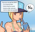  1girl 1other armpits bare_shoulders bikini blonde_hair blue_background breasts cleavage collarbone drink drinking drinking_straw drinking_straw_in_mouth food fruit hat lemon looking_at_another options original pointing red_eyes saberrung short_hair sidelocks speech_bubble sweat sweatdrop swimsuit upper_body wet 