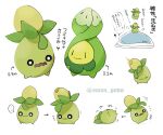  arrow_(symbol) bouncing budew closed_mouth commentary_request fallen_down flying_sweatdrops height highres multiple_views nnsn_gnbe no_humans o_o open_mouth pokemon pokemon_(creature) smile smoliv translation_request twitter_username watermark wavy_mouth white_background 