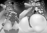  1girl android anus anus_peek ass ass_shake breasts cameltoe cleavage copyright_request greyscale hat highleg highleg_leotard holding huge_ass joints large_breasts leotard looking_at_viewer monochrome multiple_views pochincoff robot robot_joints thighhighs translation_request twintails 