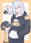  3boys :&gt; age_progression bangs black_hair black_hoodie black_pants blush boku_no_hero_academia border character_hair_ornament character_print child creature crossover disembodied_limb drawstring dual_persona egg eggshell grey_eyes grey_hair gudetama hair_between_eyes hair_ornament hand_on_another&#039;s_arm hands_in_pockets head_rest highres hood hood_down hoodie inukai_(inuuowoukai) long_sleeves looking_at_another lying male_child medium_hair messy_hair mole mole_under_mouth multiple_boys on_stomach outside_border pants print_hoodie scar scar_across_eye scar_on_face scar_on_mouth shigaraki_tomura shirt short_hair short_sleeves simple_background smile standing time_paradox white_background yellow_border yellow_shirt younger 