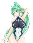  1girl absurdres armpits bangs breasts chest_jewel competition_swimsuit feichu_keju gem greek_text green_eyes green_hair highres large_breasts long_hair one-piece_swimsuit pneuma_(xenoblade) ponytail simple_background solo swept_bangs swimsuit tiara very_long_hair white_background xenoblade_chronicles_(series) xenoblade_chronicles_2 