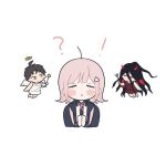  ! 1girl 2boys :o ? ahoge angel_and_devil bangs bare_arms bare_shoulders black_hair black_jacket blush_stickers brown_eyes brown_hair chibi closed_eyes colored_inner_hair danganronpa_(series) danganronpa_2:_goodbye_despair flipped_hair gamhwa halo hinata_hajime holding horns jacket kamukura_izuru long_hair male_focus medium_hair multicolored_hair multiple_boys nanami_chiaki neck_ribbon open_clothes open_jacket own_hands_clasped own_hands_together pink_ribbon red_eyes red_hair ribbon toga triangle_hair_ornament 