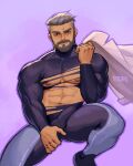  1boy abs absurdres artist_name ass_visible_through_thighs bara beard black_bodysuit bodysuit bulge clothes_removed erection erection_under_clothes facial_hair highres labcoat large_pectorals looking_at_viewer male_focus manly muscular muscular_male navel nipples pectorals pokemon pokemon_(game) pokemon_sv purple_bodysuit short_hair solo torn_bodysuit torn_clothes turo_(pokemon) two-tone_bodysuit undercut whyhelbram 