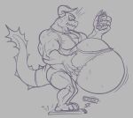  anthro belly big_belly bloated bodily_fluids clothing demon dragaux dragon eggo21 hand_on_stomach horn inflation male muscular muscular_male nintendo ring_fit_adventure scale_(disambiguation) solo sweat torn_clothing video_games 