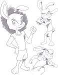  adam_summers_(forestdale) anthro baseball_bat bat_(object) bottomwear clothed clothing fluffy fluffy_tail forestdale fur gloves handwear hi_res lagomorph leporid male mammal monochrome nauyaco pants paws rabbit rabbit_ears running shirt shorts simple_background smile solo t-shirt teeth topwear 