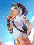  1girl backpack bag black_bag black_gloves black_hair closed_mouth cloud collared_shirt commentary_request day eyelashes falling_leaves fingerless_gloves freckles from_below gloves green_hair holding holding_poke_ball leaf long_hair mitsukoshi_haruha multicolored_hair nemona_(pokemon) on_shoulder orange_shorts outdoors pawmi poke_ball poke_ball_(basic) pokemon pokemon_(creature) pokemon_(game) pokemon_on_shoulder pokemon_sv ponytail shirt short_sleeves shorts single_glove sky smile streaked_hair twitter_username white_shirt yellow_eyes 