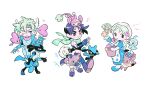  1girl 2boys aipom battle_tendency black_hair blue_dress blue_jacket caesar_anthonio_zeppeli castform comfey crossover dress eevee fingerless_gloves gloves gogeyama green_hair highres jacket jojo_no_kimyou_na_bouken joseph_joestar joseph_joestar_(young) limited_palette lucario luvdisc multiple_boys one_eye_closed pokemon riolu rockruff scarf striped striped_scarf suzi_q 