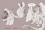  ambiguous_gender anthro anthro_prey belly bodily_fluids dragon dragoneater duo feral feral_pred horn long_tail male micro monochrome neck_bulge open_mouth oral_vore saliva size_difference swallowing text vore wings 