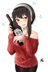  1girl absurdres alcohol bare_shoulders blush bottle drink feza_chen_(ushaku) hairband half-closed_eyes highres long_sleeves looking_at_viewer open_mouth pantyhose red_eyes red_sweater simple_background smile spy_x_family sweater white_background white_hairband wine_bottle yor_briar 