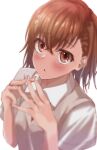  1girl :&lt; bangs blurry blush bob_cut brown_eyes brown_hair brown_sweater_vest commentary depth_of_field dress_shirt flower hair_between_eyes hair_flower hair_ornament hairclip halya_meri highres looking_at_viewer looking_up misaka_mikoto parted_lips raised_eyebrows school_uniform shirt short_hair simple_background solo steepled_fingers sweater_vest toaru_kagaku_no_railgun toaru_majutsu_no_index tokiwadai_school_uniform upper_body upturned_eyes white_background white_flower white_shirt 