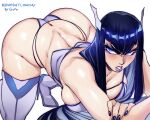  1girl all_fours ass bangs black_hair blue_eyes boots breasts butt_crack eyeliner eyeshadow gofa hair_ornament high_heels highres huge_ass kill_la_kill kiryuuin_satsuki large_breasts lipstick long_hair makeup nail_polish panties shiny shiny_hair simple_background solo thick_eyebrows thigh_boots thighs underwear white_background wide_hips 