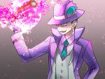  1boy buttons coat collared_shirt dynamax dynamax_ball giovanni_(pokemon) gloves hat holding holding_poke_ball long_sleeves official_alternate_costume poke_ball pokemon pokemon_(game) pokemon_masters_ex purple_coat shirt smile solo sun-baby twitter_username upper_body 