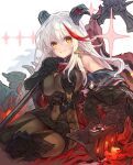  1girl aegir_(azur_lane) asymmetrical_footwear azur_lane black_cape black_gloves bodystocking boots breast_curtains breasts cape commission cross cross-laced_clothes cross_earrings demon_horns earrings gloves haku_(sabosoda) highres holding holding_polearm holding_weapon horns iron_cross jewelry knee_boots large_breasts long_hair looking_at_viewer multicolored_hair polearm red_hair rigging simple_background single_knee_boot skeb_commission smile solo streaked_hair two-tone_hair underbust uneven_footwear weapon white_background white_hair yellow_eyes 