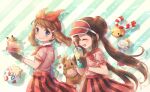  2girls bangs bow brown_gloves chimecho chingling double_bun eevee gloves hair_bow hair_ornament hairclip heart holding holding_plate koron_(tkhsrui) may_(pokemon) multiple_girls pikachu pink_shirt plate pokemon pokemon_(creature) pokemon_(game) pokemon_bw2 pokemon_cafe_mix pokemon_oras red_bow rosa_(pokemon) shirt skirt smile striped striped_skirt togepi twintails visor_cap 