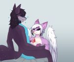  anthro aurora_(shai_dreamcast) black_body black_fur black_hair black_sclera blue_body blue_fur bodily_fluids breast_play breasts canid canine canis cum digital_media_(artwork) duo erection feathered_wings feathers female fox fur genital_fluids genitals gl0mi hair hi_res jackal leaking_cum looking_at_another looking_at_partner looking_up male male/female mammal nude open_mouth penile penis pink_body pink_fur sex shai_dreamcast smile titfuck tongue white_body white_fur white_hair wings 