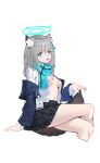  1girl absurdres animal_ear_fluff animal_ears aqua_scarf arm_support bangs blue_archive blue_eyes blue_jacket breasts cat_ears collared_shirt commentary_request cropped_legs crossed_legs grey_hair grey_skirt halo highres jacket kneehighs long_hair looking_at_viewer navel no_bra open_clothes open_jacket open_mouth open_shirt plaid plaid_skirt pleated_skirt shiroko_(blue_archive) shirt simple_background sitting skirt skirt_hold small_breasts solo stomach thighs white_background white_legwear white_shirt xintianou 