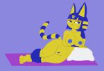  absurd_res animal_crossing ankha_(animal_crossing) anthro big_breasts blue_nipples blue_pussy bored bored_expression breasts clitoris domestic_cat egyptian felid feline felis female genitals hi_res jakel009 landing_strip lying mammal markings navel nintendo nipples on_side pillow pubes pussy simple_background solo striped_markings striped_tail stripes tail_markings video_games 