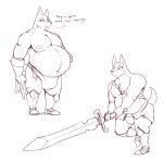  after_vore anthro belly big_belly bottomwear bulge canid canine canis clothing darkcresentskymin darknut hand_on_stomach jackal loincloth male mammal melee_weapon muscular muscular_male nintendo sword the_legend_of_zelda video_games vore weapon wind_waker 