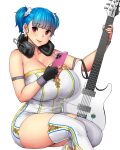  1girl arm_belt bangs bare_shoulders belt black_gloves blue_hair blunt_bangs breasts cellphone cleavage collarbone electric_guitar english_commentary erkaz fingerless_gloves gloves grey_belt guitar hair_ornament hair_scrunchie headphones headphones_around_neck highres holding holding_instrument holding_phone huge_breasts instrument leotard looking_at_viewer original phone plump red_eyes rina_atherina scrunchie short_twintails simple_background single_glove sitting skindentation smartphone smile solo strapless strapless_leotard thick_thighs thighhighs thighs twintails white_background white_legwear white_leotard white_scrunchie yamaha 